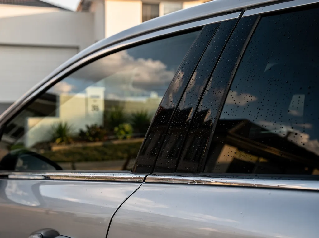 Freshly applied bubble-free window tint with clean-cut edge on car door in Perth.