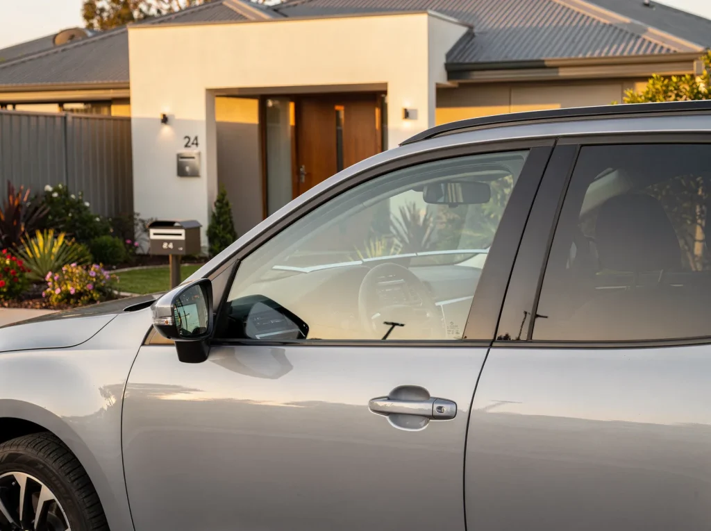 Half-tinted car door window showing crisp film cut line from mobile window tinting in Perth.