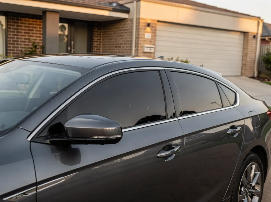 Front-left angle of glossy sedan with darkened tinted windows in warm light.