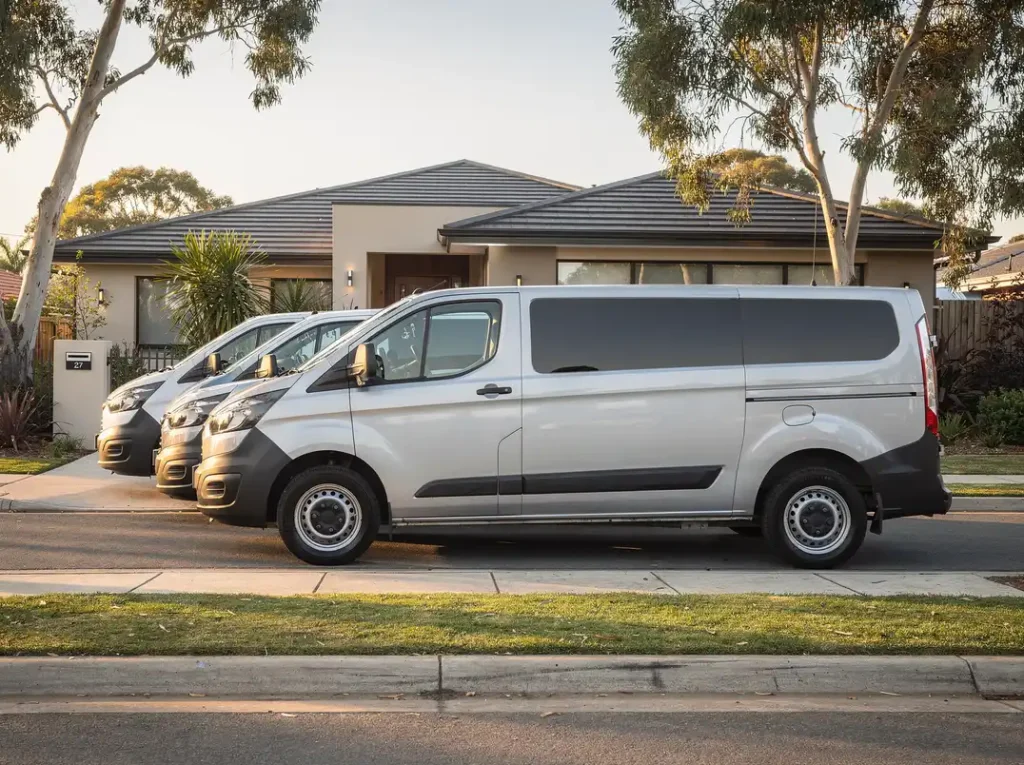 Fleet vans parked in a row with uniformly tinted side windows in Perth.