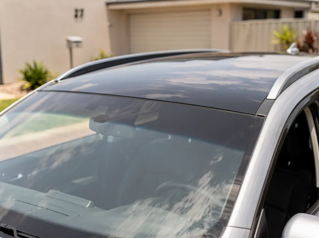Bubble-free tinted sun strip along windshield top from a Perth mobile window tinting job.
