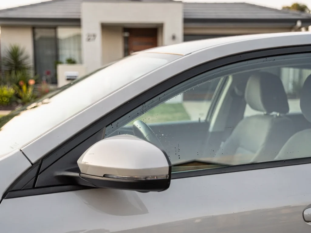 Stripped crystal-clear car side window with clean edge after tint removal in Perth.
