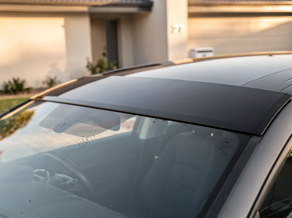 Freshly applied dark tinted sun strip across a clear windscreen top in Perth.